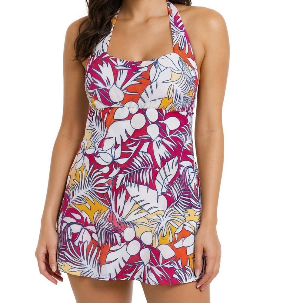 Lands' End Multi-Palm Floral Halter Neck Swim Dress - Size L 14 - 16